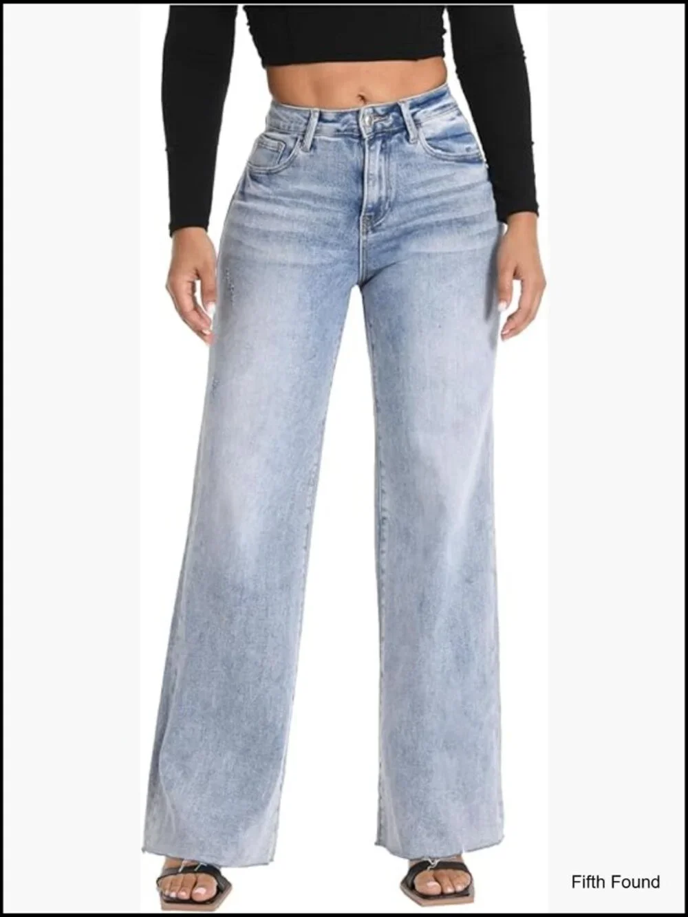 High Waisted Wide Leg Baggy Jeans Stretchy Tummy Control Raw Hem Casual Denim